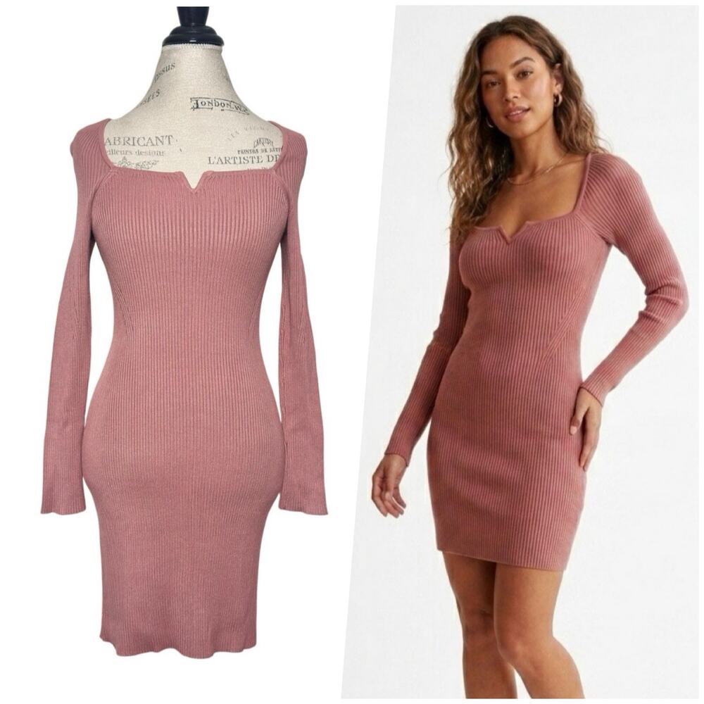 A&F | Women | Dusty Pink Ribbed Knit Notch Neck Mini Sweater Dress | Small
